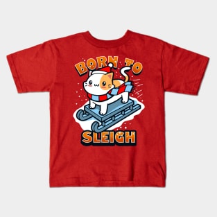 Born To Sleigh Cute Kawaii Cat On A Ski Sleigh Cute Cat Meme Kids T-Shirt